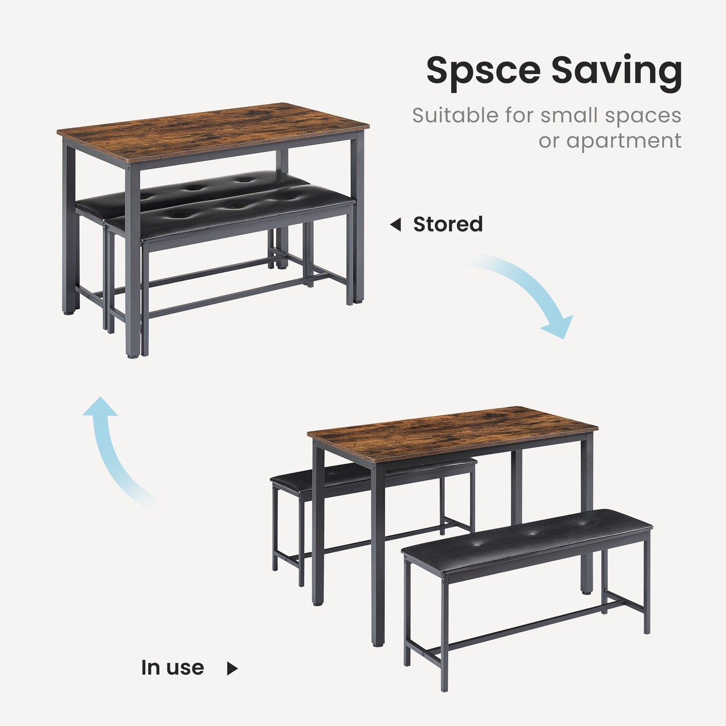 Dining Table Set Barstool Dining Table (with 2 PU Upholstered Benches) Industrial Style Dining Table and Chairs - Korvel