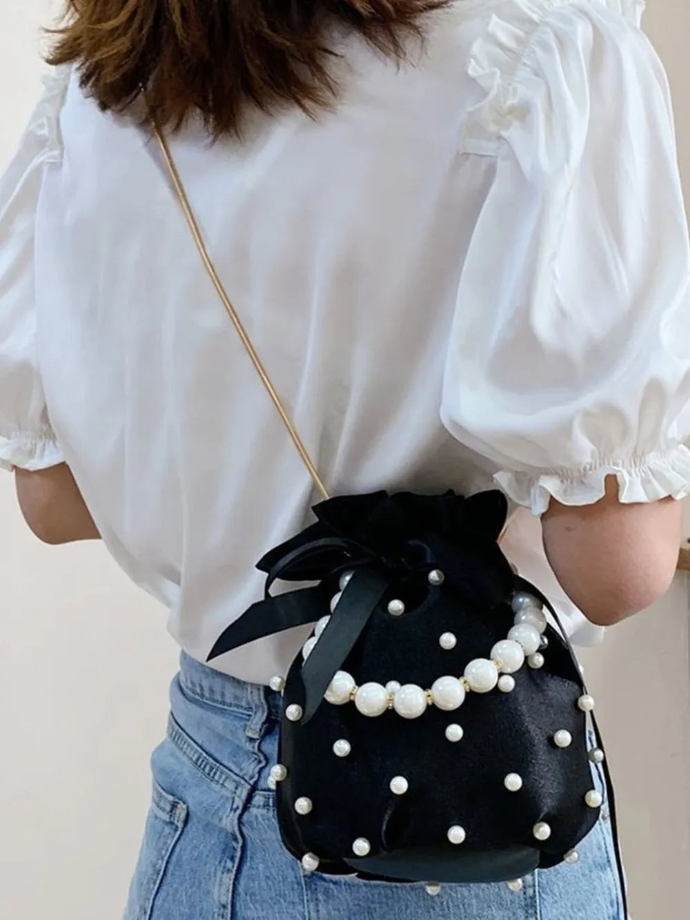 Pearl Detail Solid Color Bucket Bag - Korvel