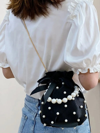 Pearl Detail Solid Color Bucket Bag - Korvel
