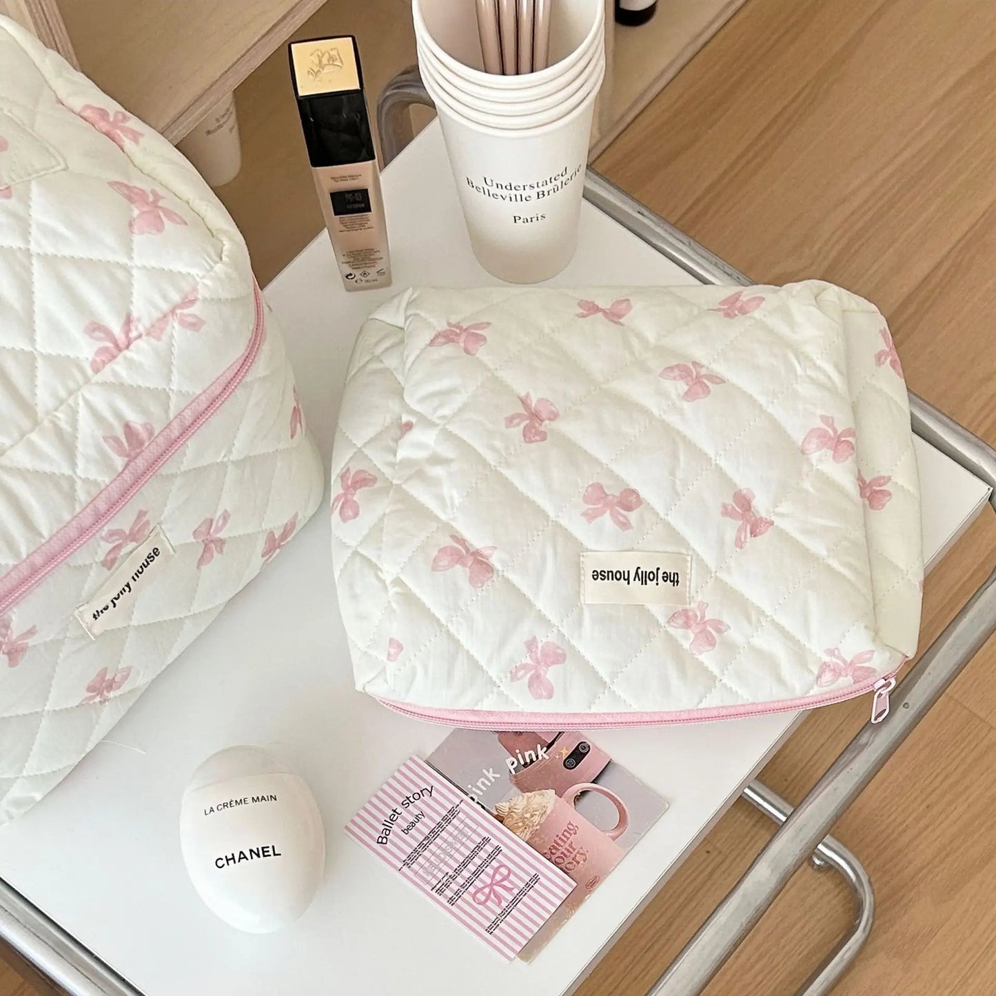 Cute Bow Flower Quilting Cotton Makeup Bag Women Zipper Cosmetic Organizer Female Cloth Handbag Portable Toiletry Case for Girls - Korvel