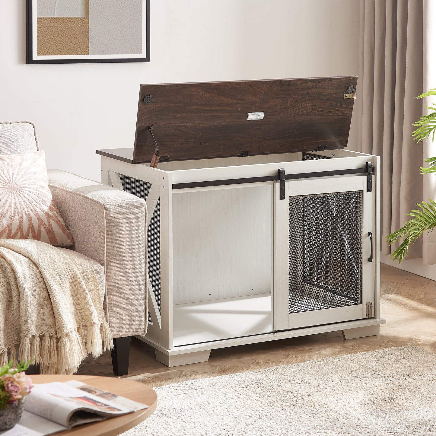 Farm kennel Flat noodles furniture with sliding barn door, farm wooden kennel end table, dog house with removable partition - Korvel