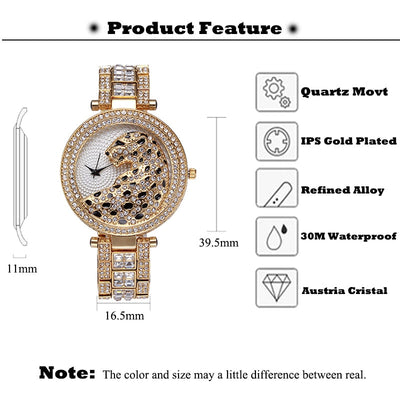 MISSFOX V227  Women Quartz Watch Fashion Bling Casual Ladies Watch Female Quartz Gold Watch Crystal Diamond Leopard For Women Clock - Korvel