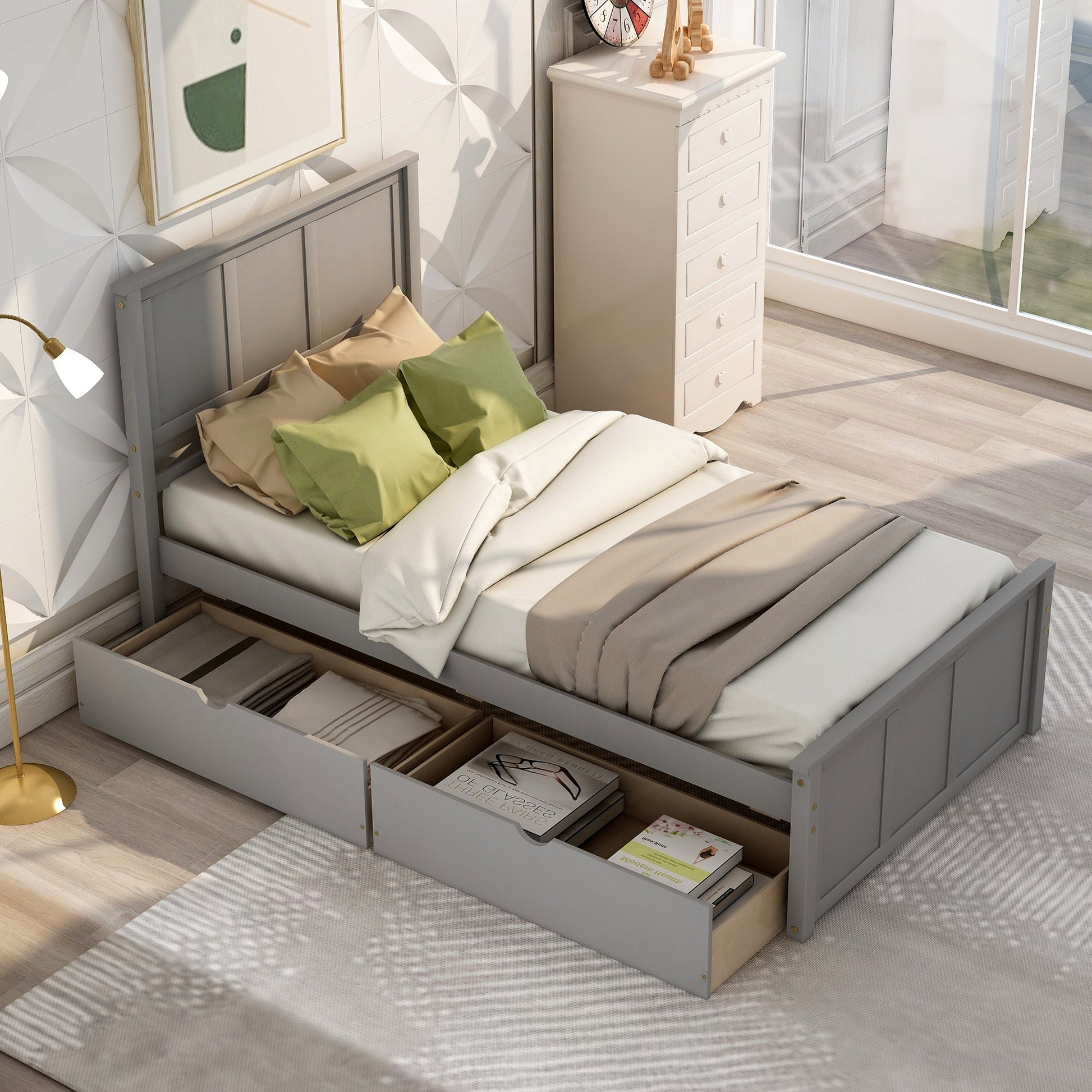 Platform Storage Bed  2 drawers with wheels, Twin Size Frame  Gray - Korvel