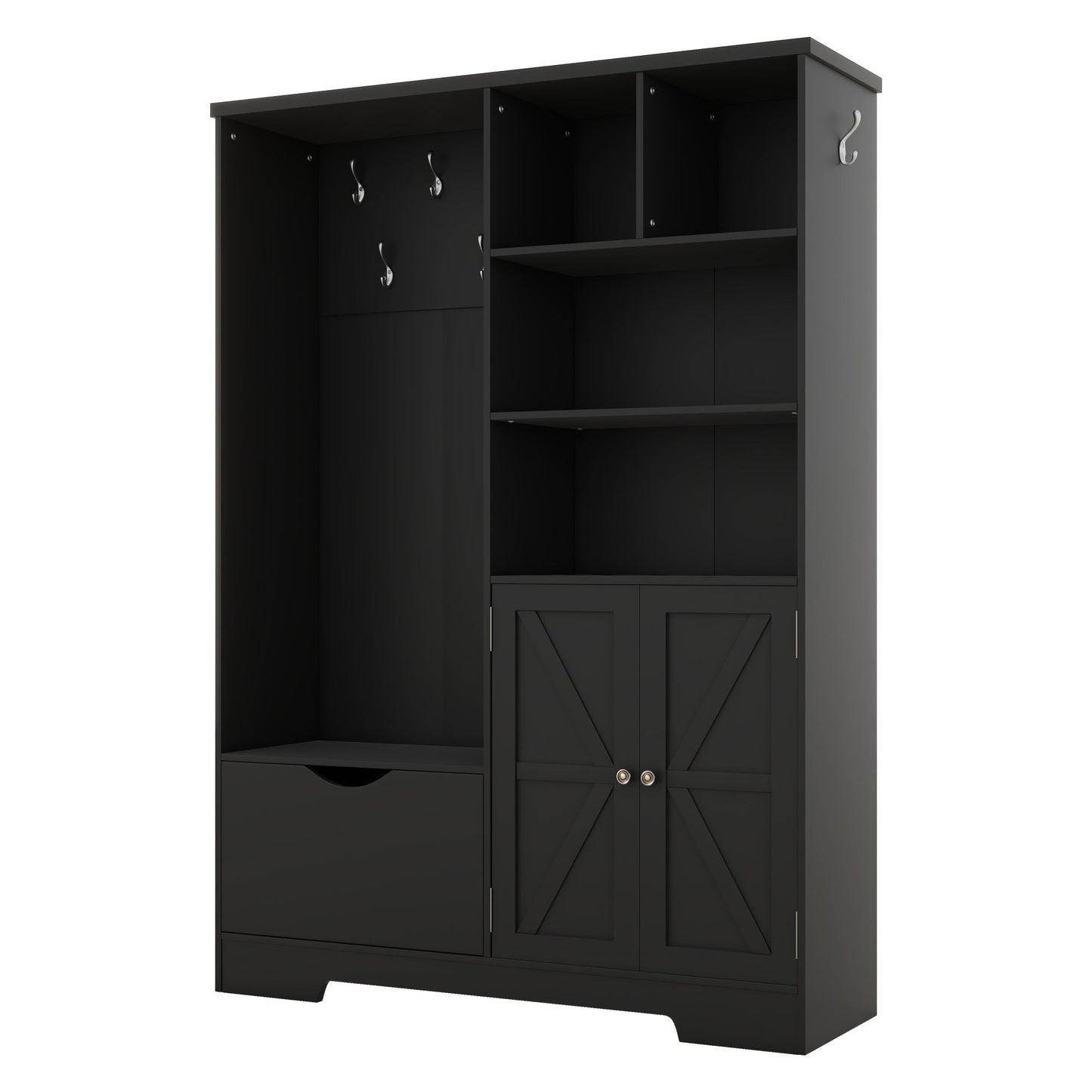 Multi-functional Hall Tree with Storage Shelves Drawers and Cabinet, Elegant Hallway Shoe Cabinet with Bench Modern Black - Korvel