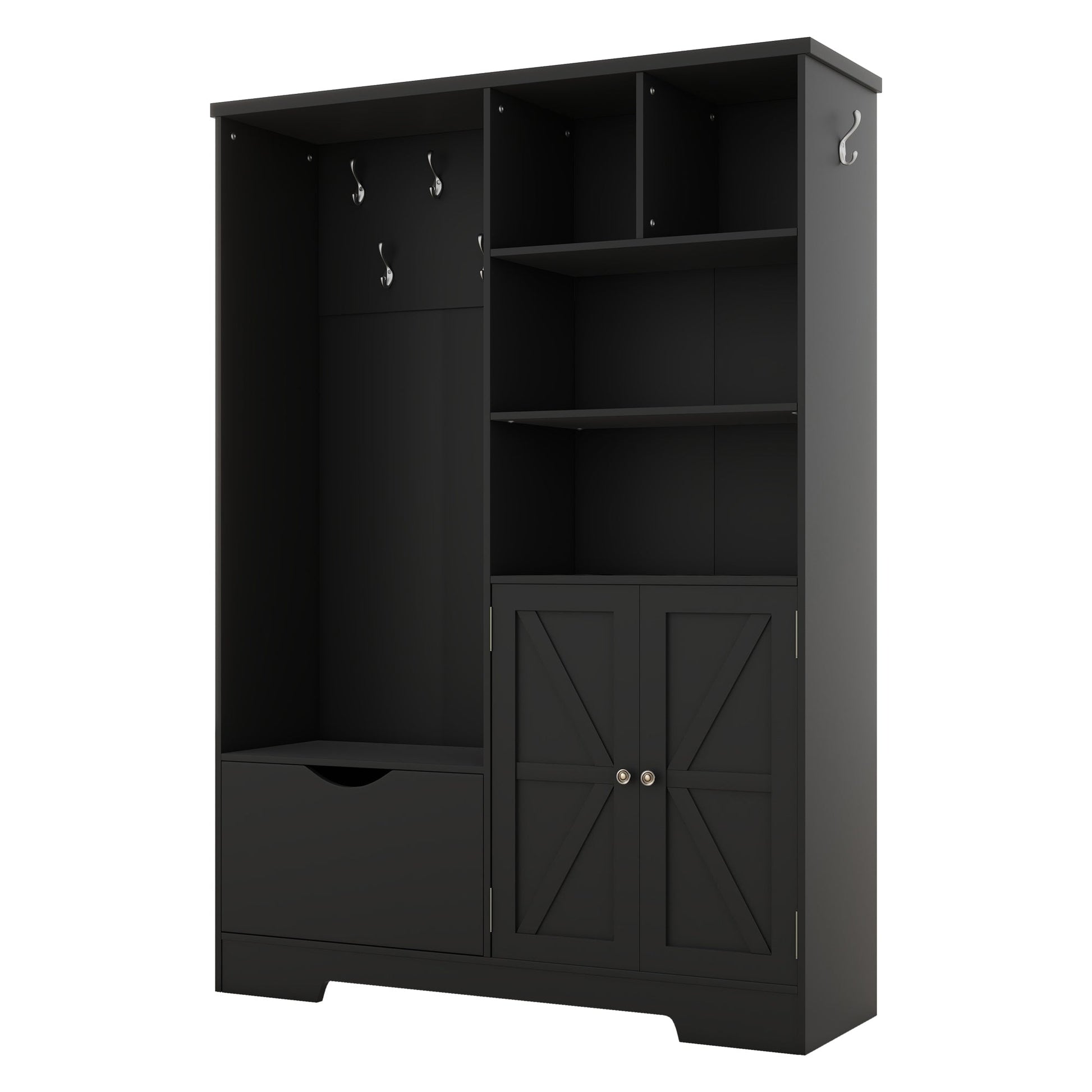 Multi-functional Hall Tree with Storage Shelves Drawers and Cabinet, Elegant Hallway Shoe Cabinet with Bench Modern Black - Korvel