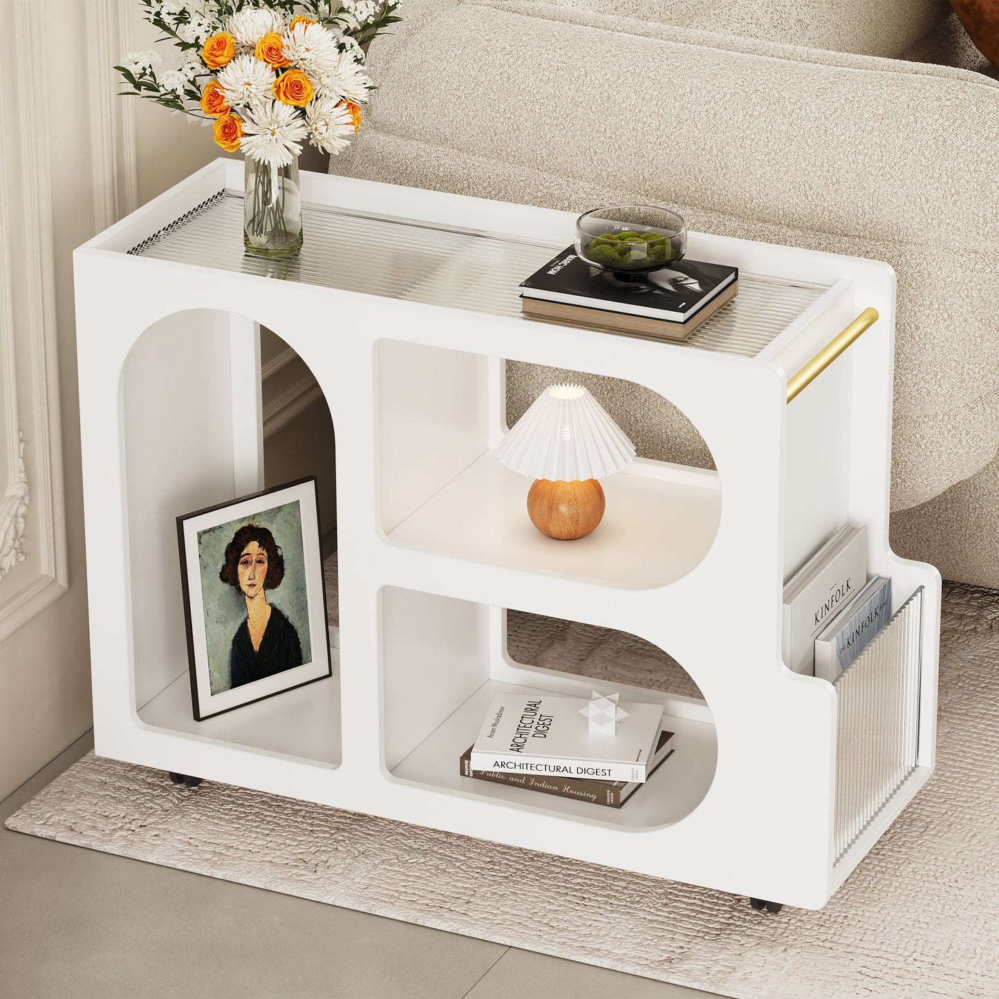 Table d'appoint mobile élégante avec roues verrouillables et verre trempé