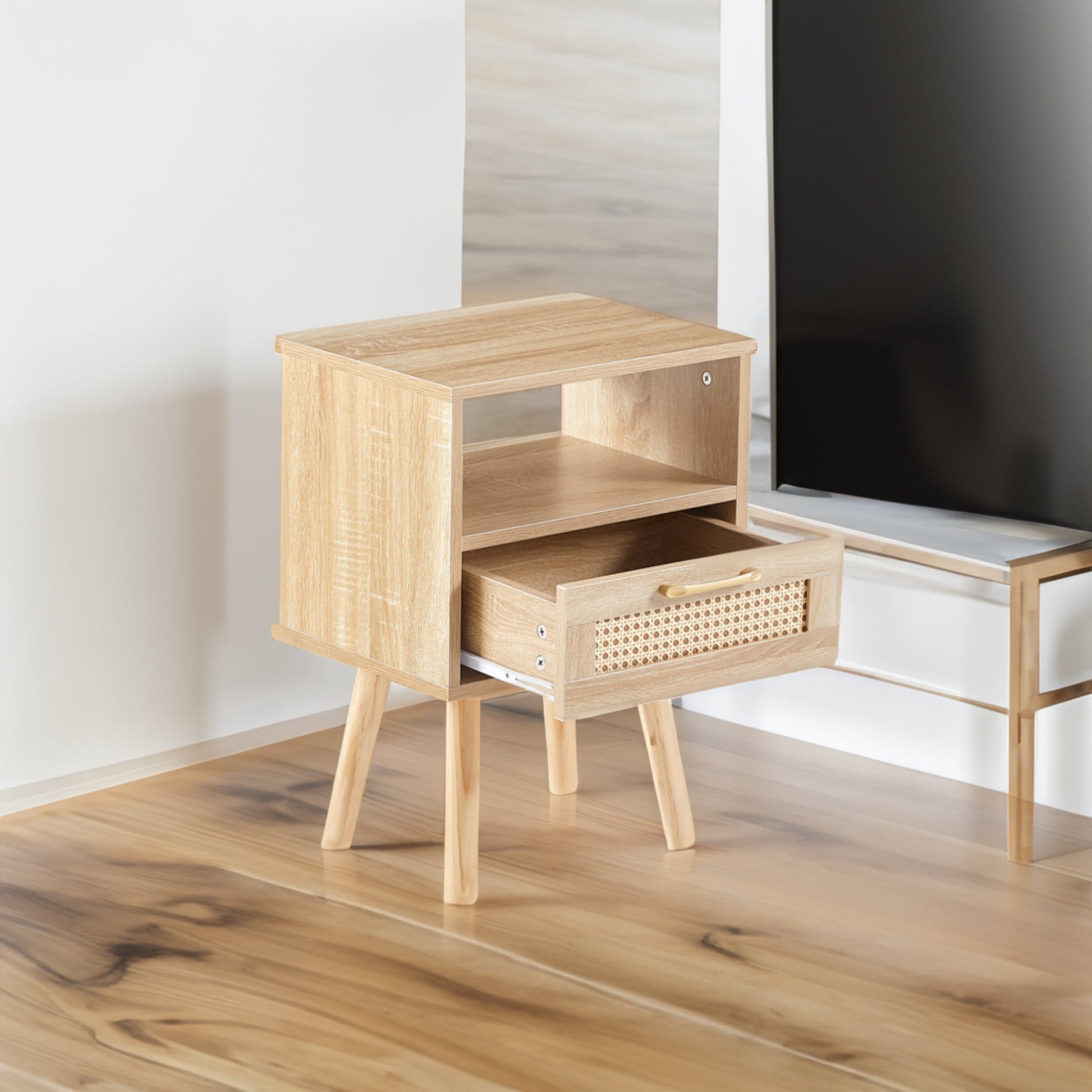 15.75" Rattan End table with drawer and solid wood legs Modern nightstand side table for living room natural - Korvel