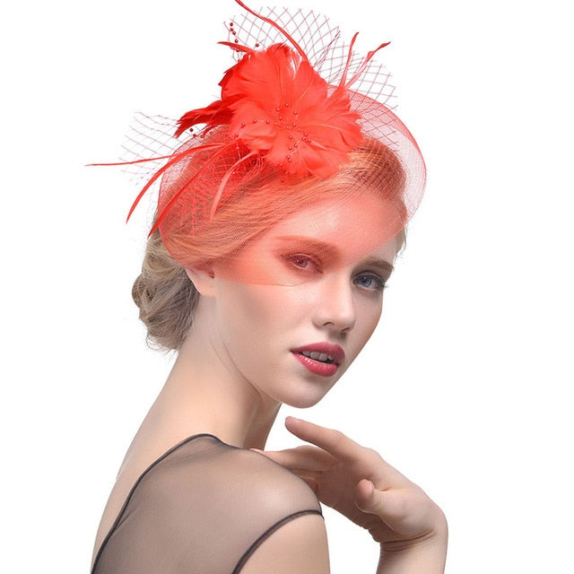WELROG Feather Cap Lady Cocktail Dinner Party Fedoras Wedding Bridal Mesh Veil Hats Vintage Sombreros Chapeau Fascinators Hat - Korvel