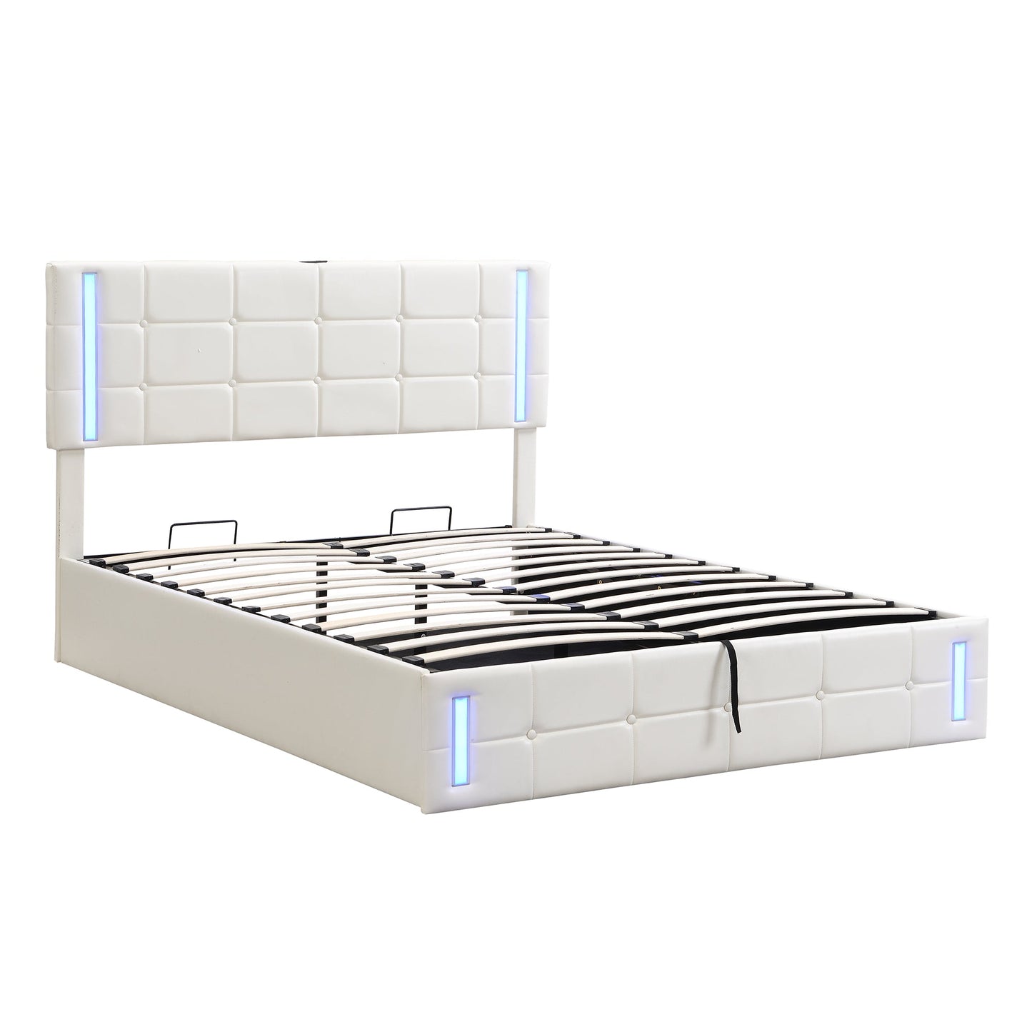 Queen Size Upholstered Bed with LED Lights Hydraulic Storage System and USB Charging Station White - Korvel