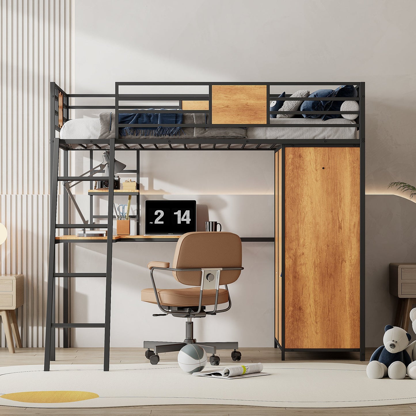 Twin Size Loft bed with L-shape Desk and Wardrobe, Black - Korvel