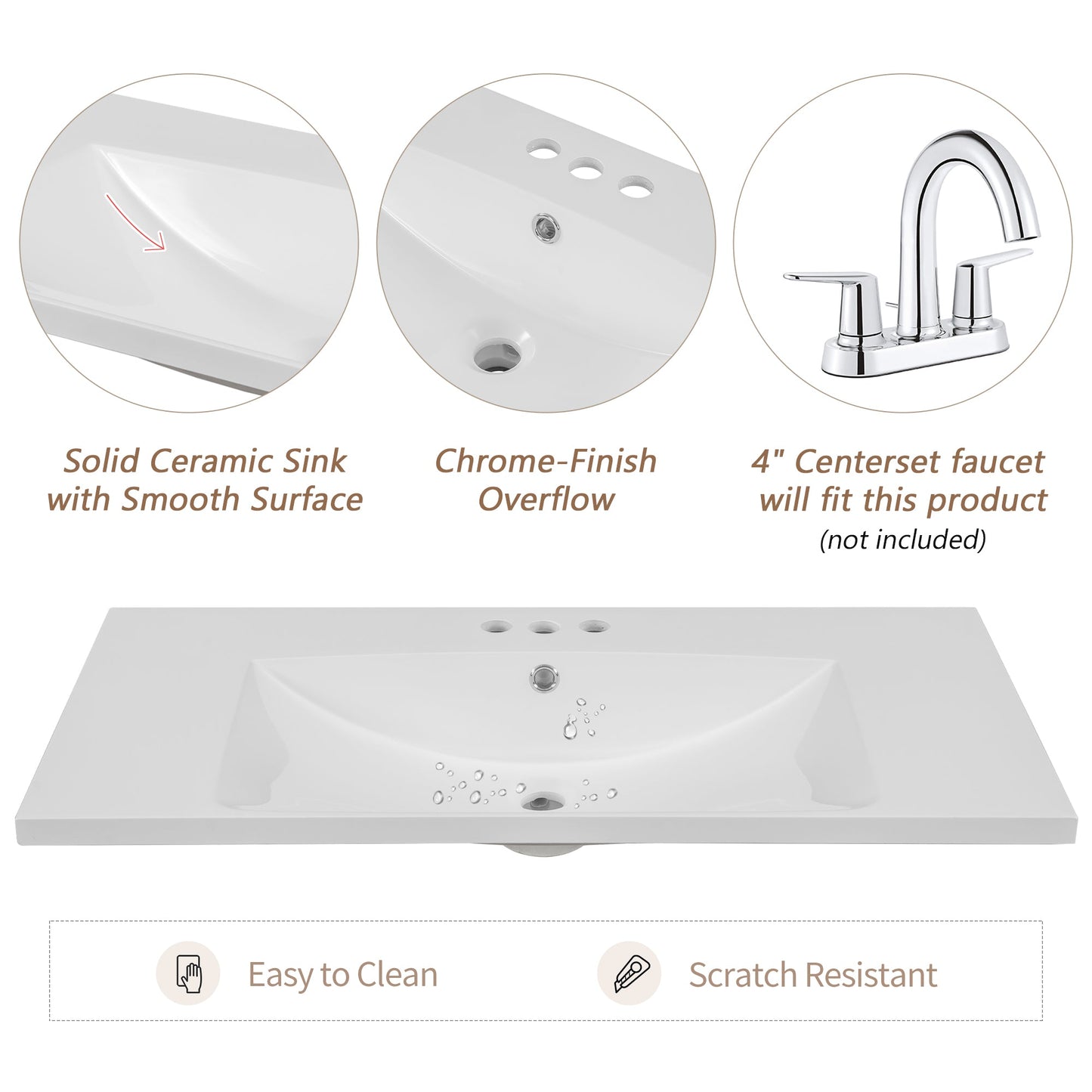36" Single Bathroom Vanity Top with White Basin  3-Faucet Holes Ceramic  White - Korvel