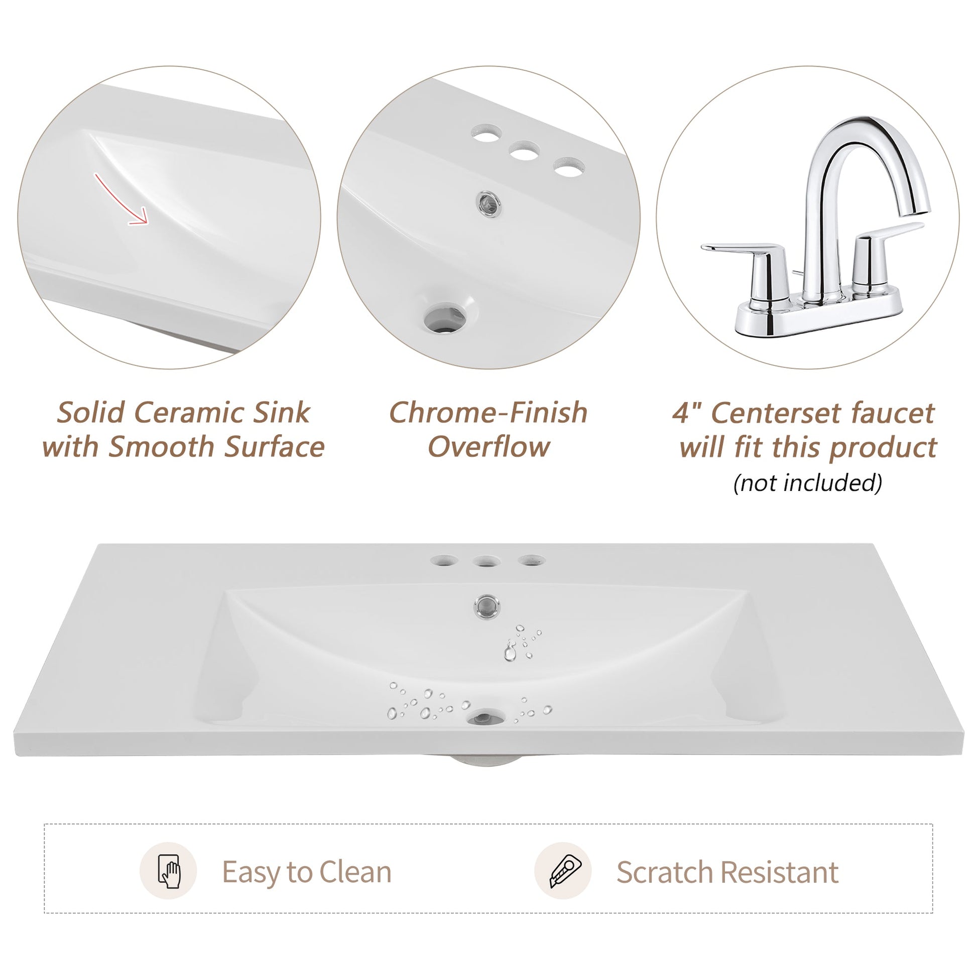 36" Single Bathroom Vanity Top with White Basin  3-Faucet Holes Ceramic  White - Korvel