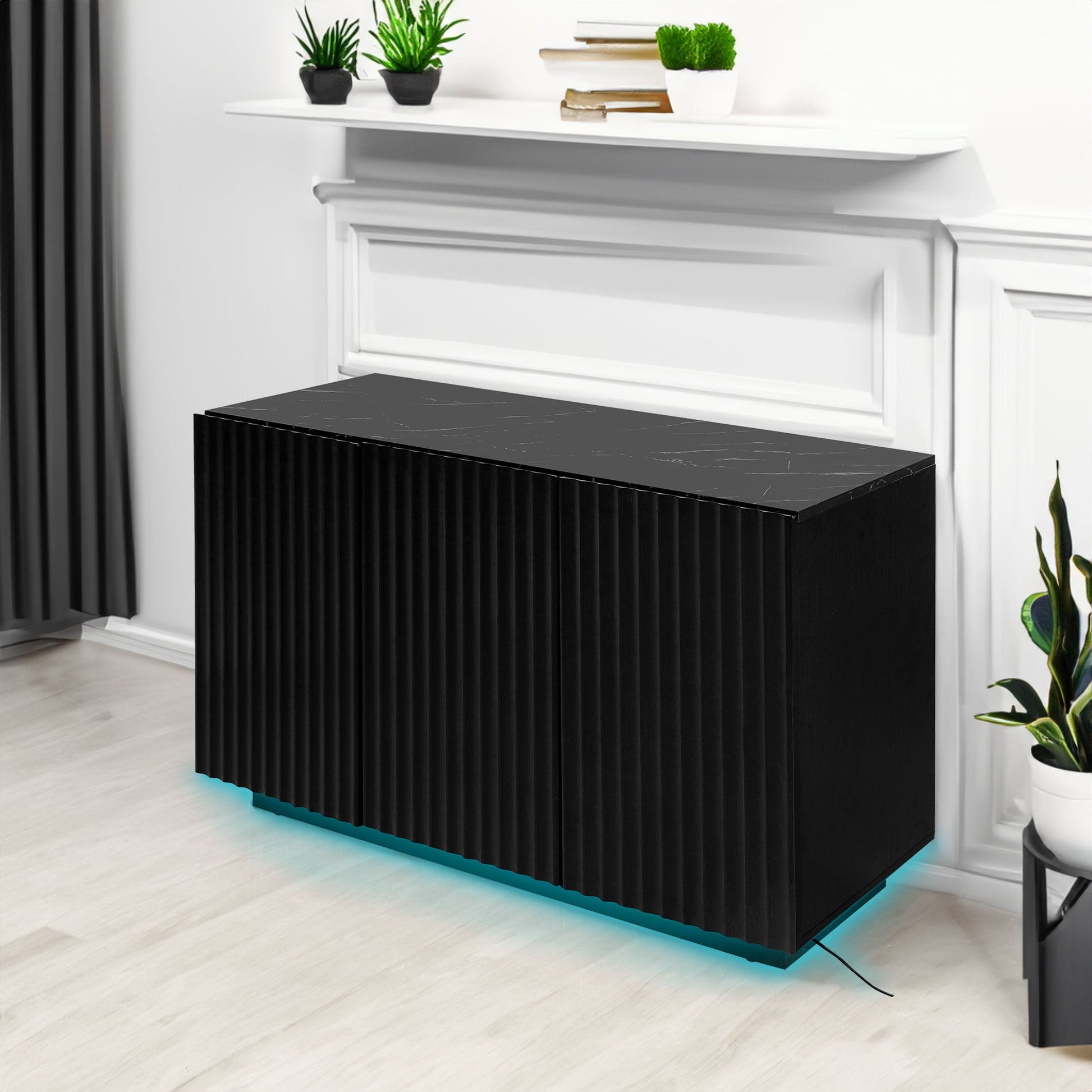 LED Carved Line 3 Door Storage Cabinet,Sideboard Buffet Cabinet With Adjustable Shelf,Large Storage Accent Cabinet - Korvel