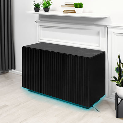 LED Carved Line 3 Door Storage Cabinet,Sideboard Buffet Cabinet With Adjustable Shelf,Large Storage Accent Cabinet - Korvel