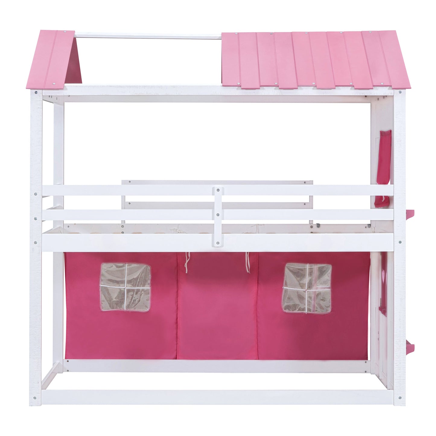 Elegant Twin Size Bunk Wood House Bed in Pink and White