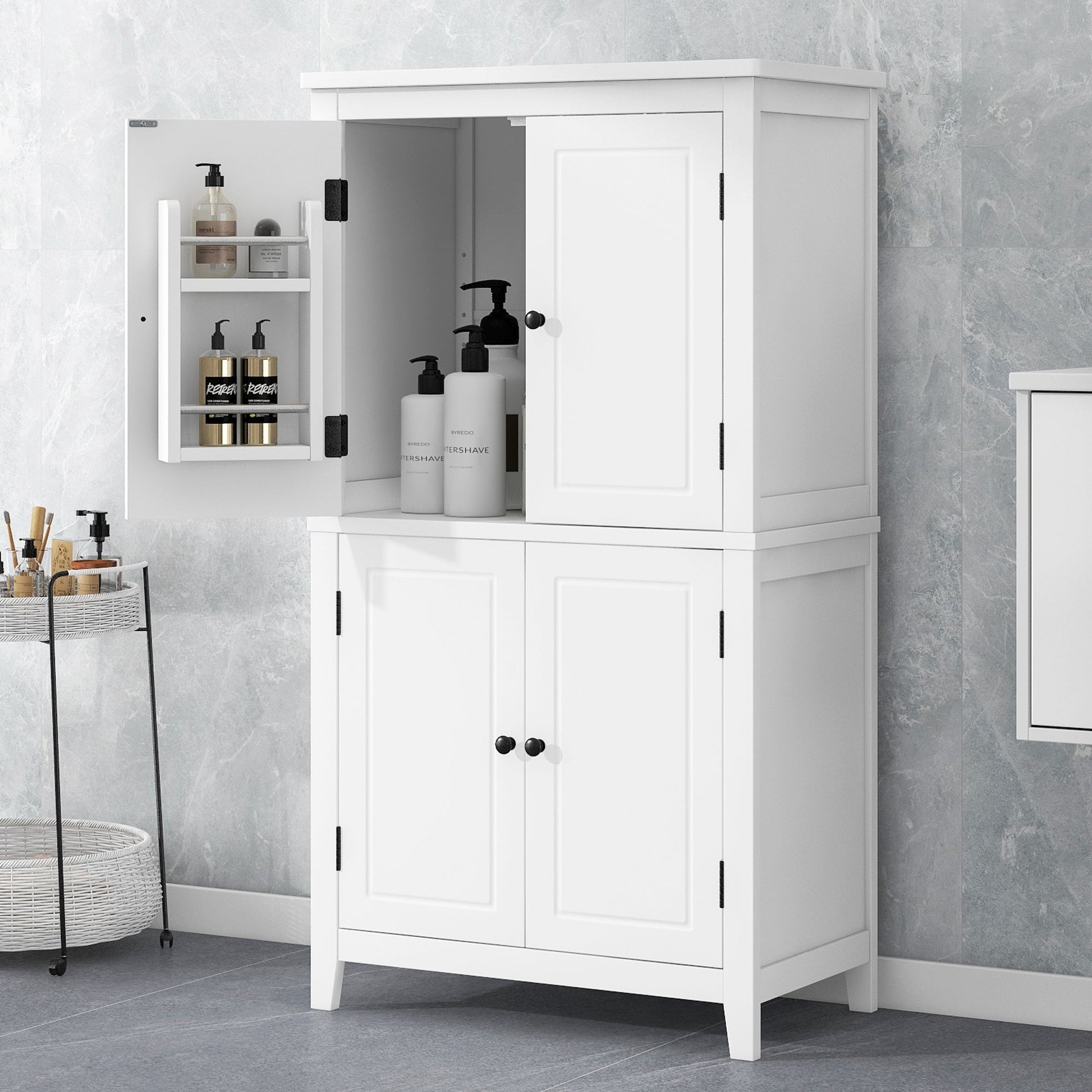 Bathroom floor storage cabinet, bathroom storage unit, 4-door independent cabinet, adjustable shelf, adaptive shelf, white - Korvel