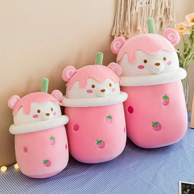 25-40cm Cute Cartoon Teddy Bear Bubble Tea Cup Shaped Pillow Plush Toys Real-life Stuffed Soft Back Cushion Funny Boba Food - Korvel