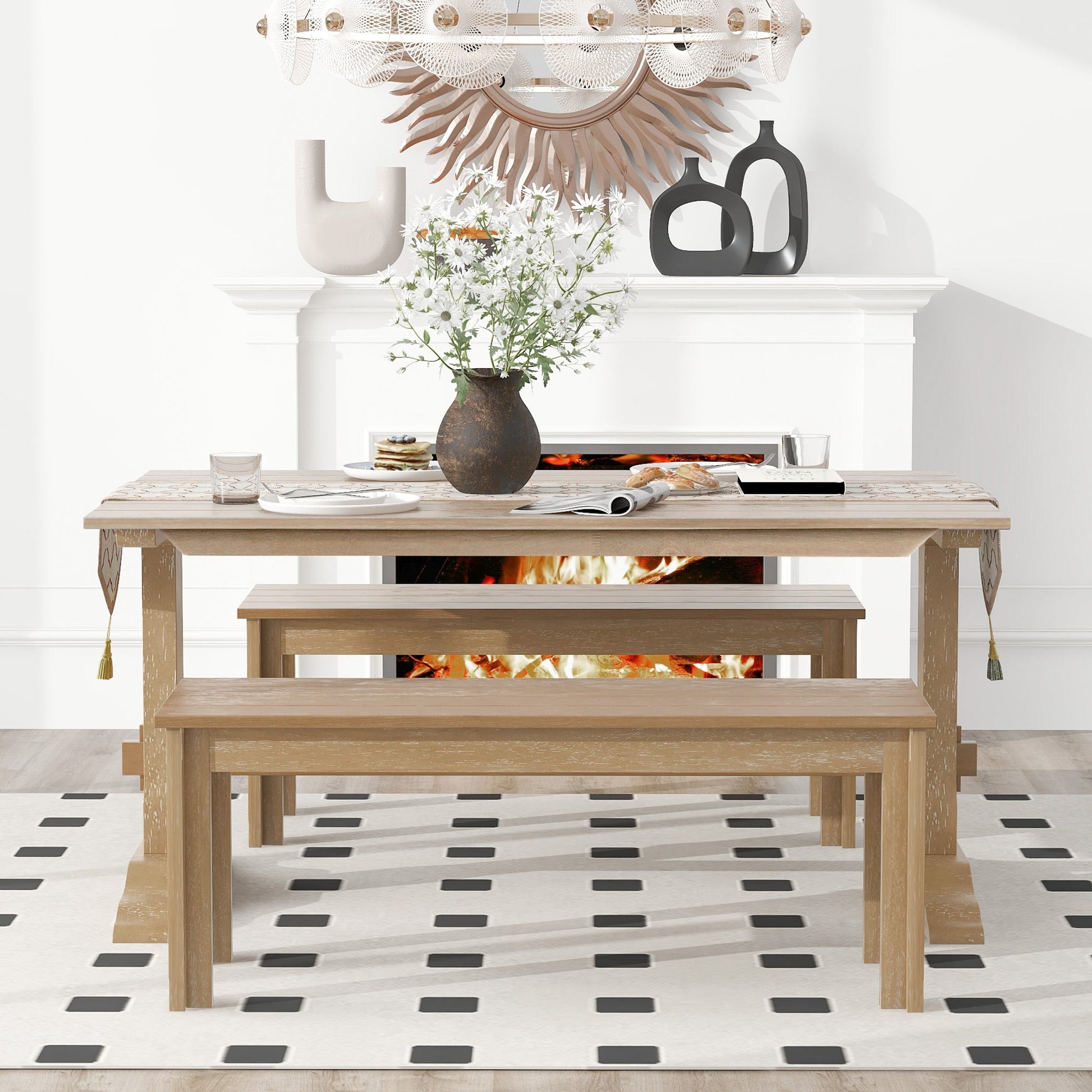 TREXM 3-piece retro dining table, rectangular stand table, and 2 4-person wooden stools (made of natural wood) - Korvel