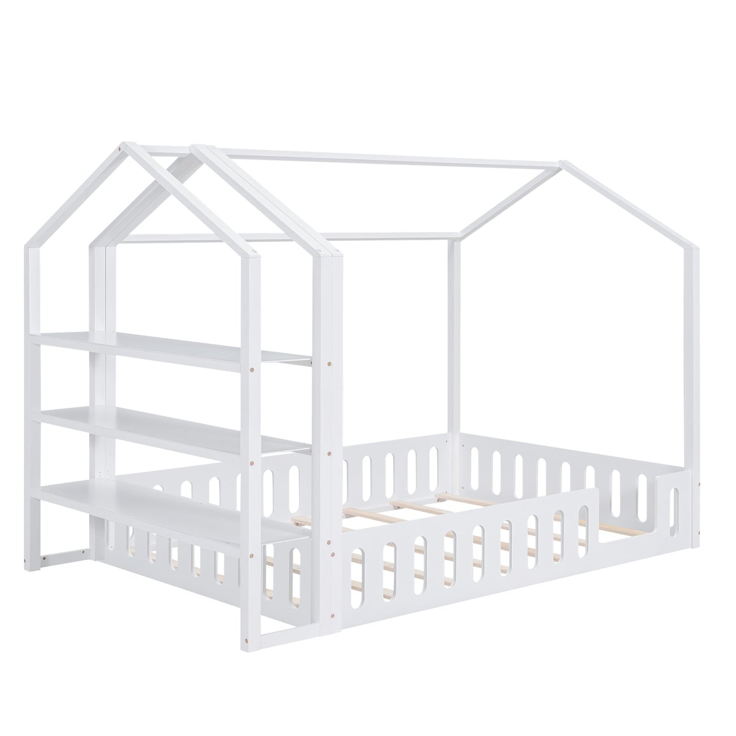 Full Size Wood House Bed with Fence and Detachable Storage Shelves, White - Korvel
