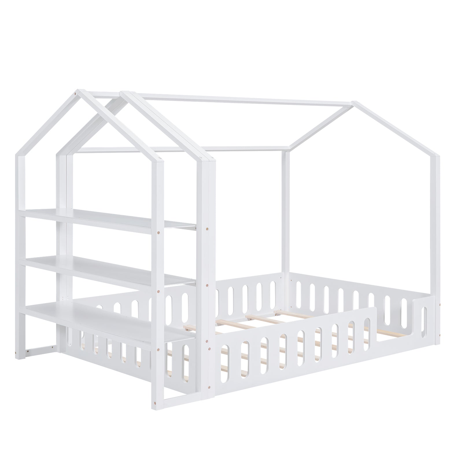 Full Size Wood House Bed with Fence and Detachable Storage Shelves, White - Korvel