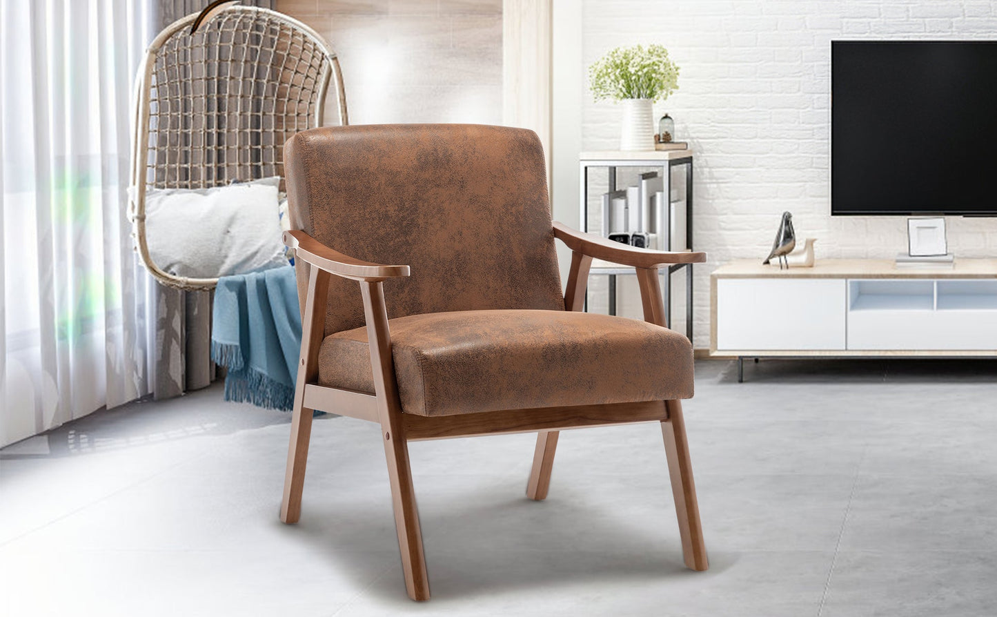 Medieval modern chair, solid wood frame living room chair, accent chair with ultra thick backrest - Korvel