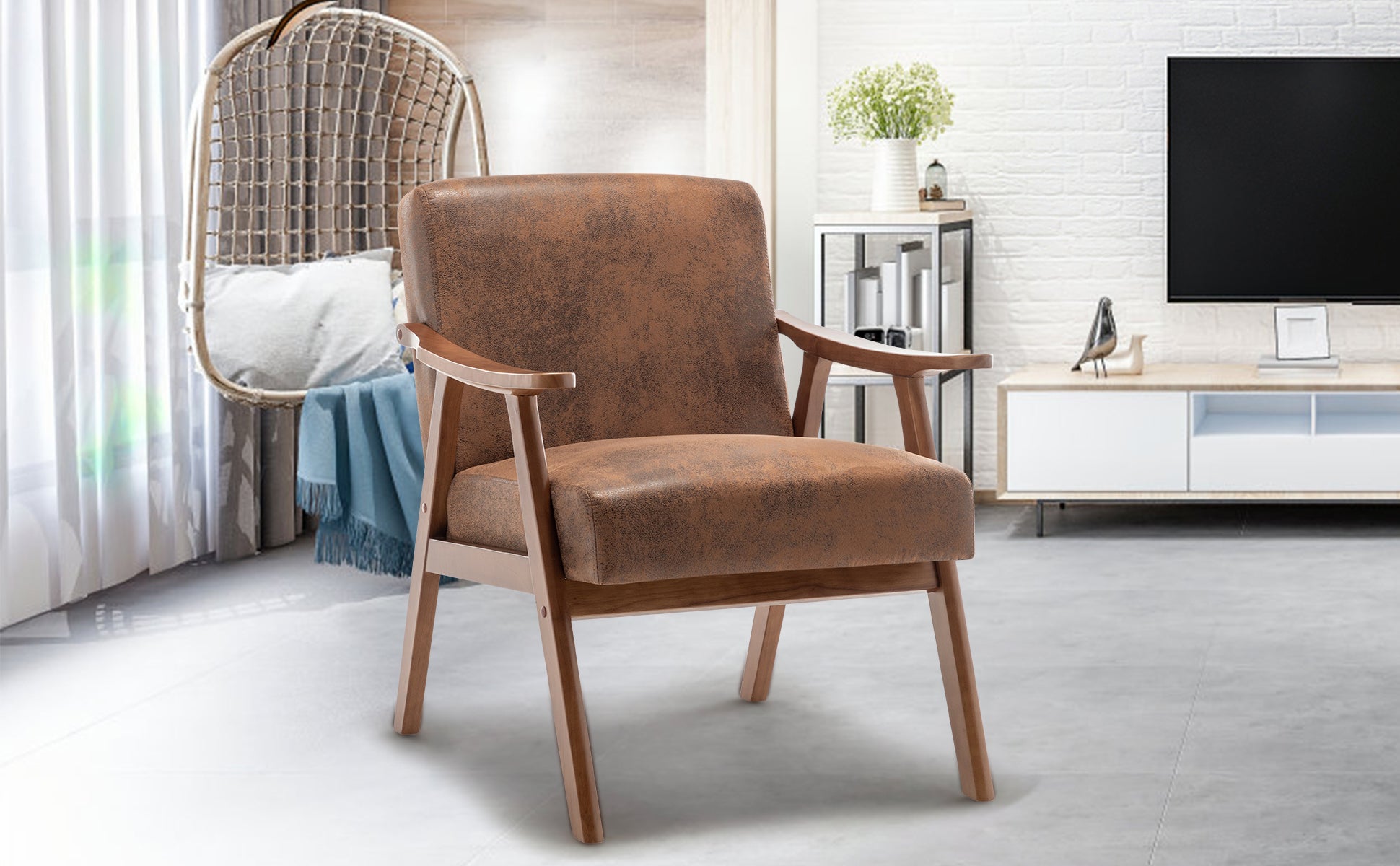 Medieval modern chair, solid wood frame living room chair, accent chair with ultra thick backrest - Korvel