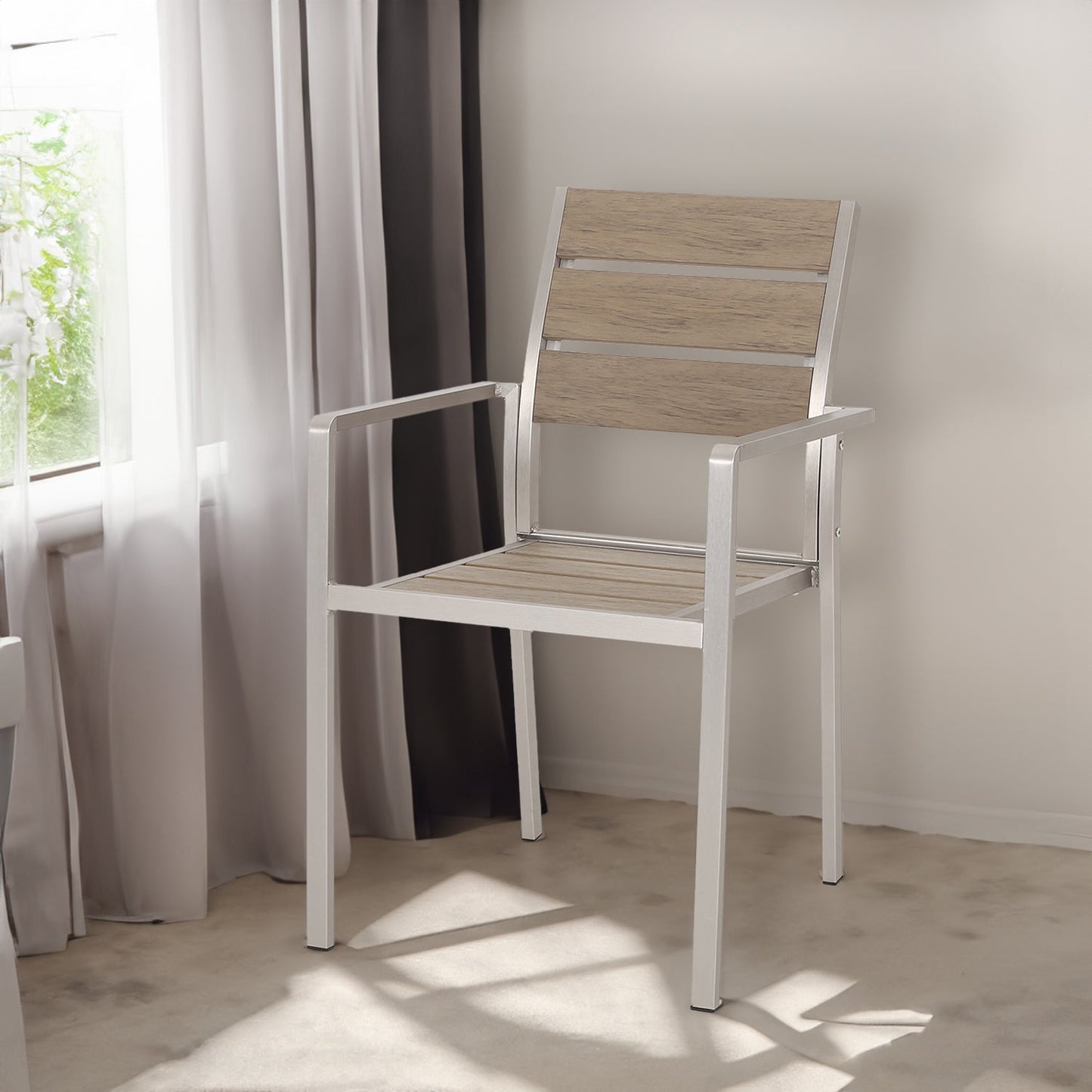 Outdoor Modern Aluminum Dining Chair with Faux Wood Seat (Set of 2), Natural and Silver - Korvel