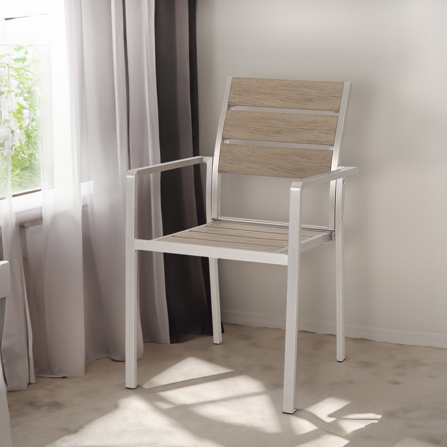 Outdoor Modern Aluminum Dining Chair with Faux Wood Seat (Set of 2), Natural and Silver - Korvel