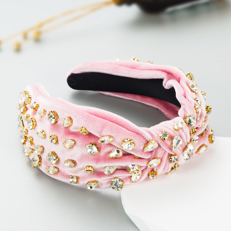 Exaggerated Fashion Hair Bands Female Corduroy Temperament Sweet Hair Ornaments Wide Side Knotted With Diamonds Headband - Korvel