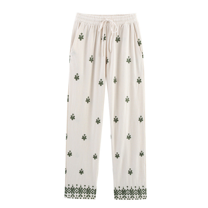 Elastic Waist Tied Embroidered Wide Leg Pants for WomenStyle Fashion Casual - Korvel