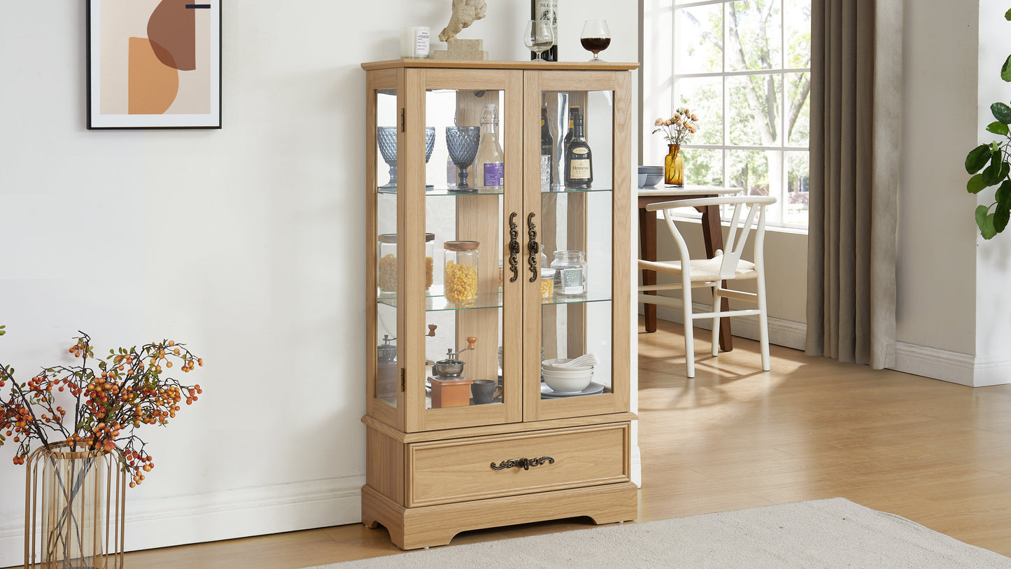 Light colored glass cabinet with adjustable glass frame, including cabinet light bulbs OAK with 2 doors and 1 drawer - Korvel