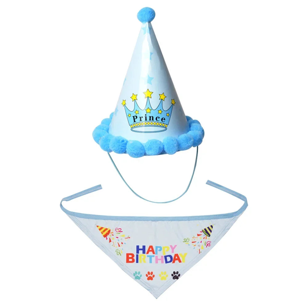2Pcs/Set Dog Hat Bib Dog Birthday Bandana Scarf Adjustable Bandana Neckerchief Cat Dog Birthday Bib Hat Pet Supplies - Korvel