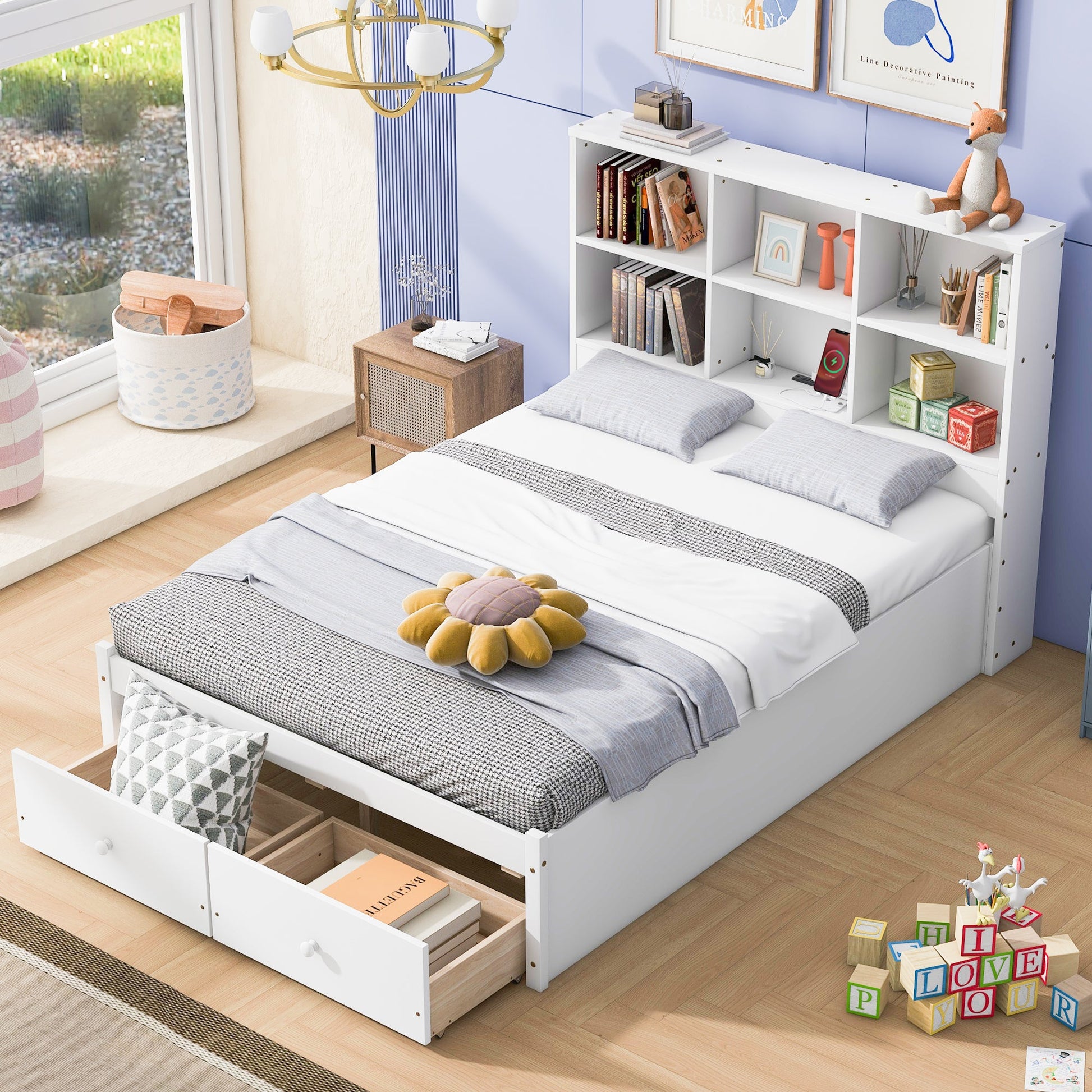 Full Size Platform Bed with Storage Headboard, Charging Station and 2 Drawers White - Korvel