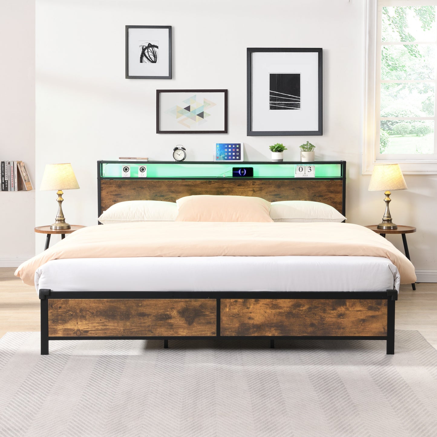 Industrial extra large bed frame with LED lights and 2 USB ports, extra large bed frame with storage space, rural brown color - Korvel