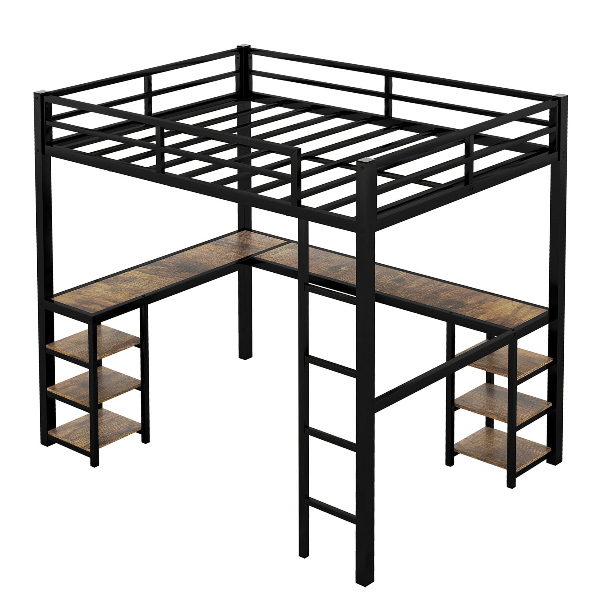 Full metal loft bed with desk and shelf, loft bed with ladder and guardrail, bedroom loft bed frame, black - Korvel
