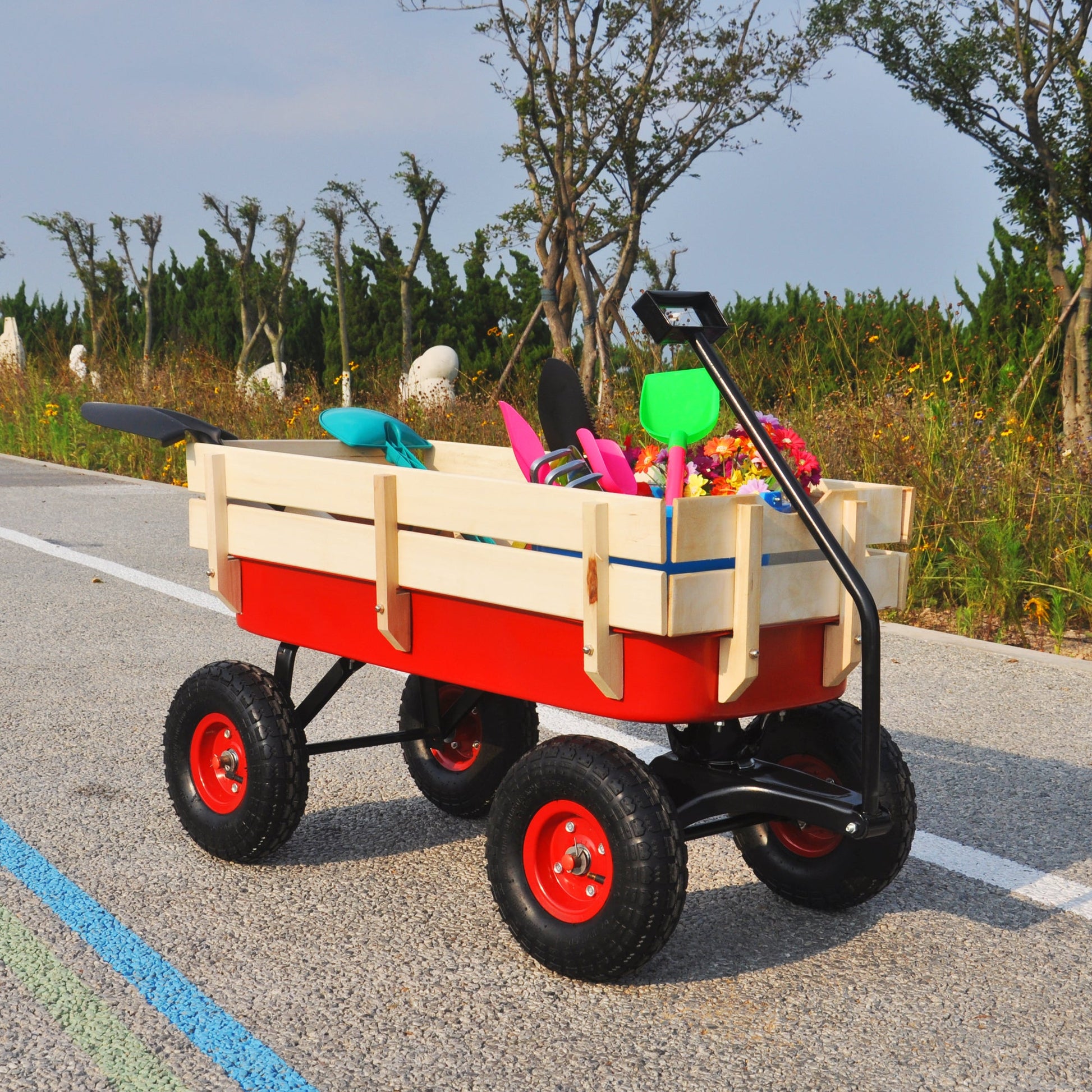 Outdoor Wagon All Terrain Pulling w/Wood Railing Air Tires Children Kid Garden（Red） - Korvel
