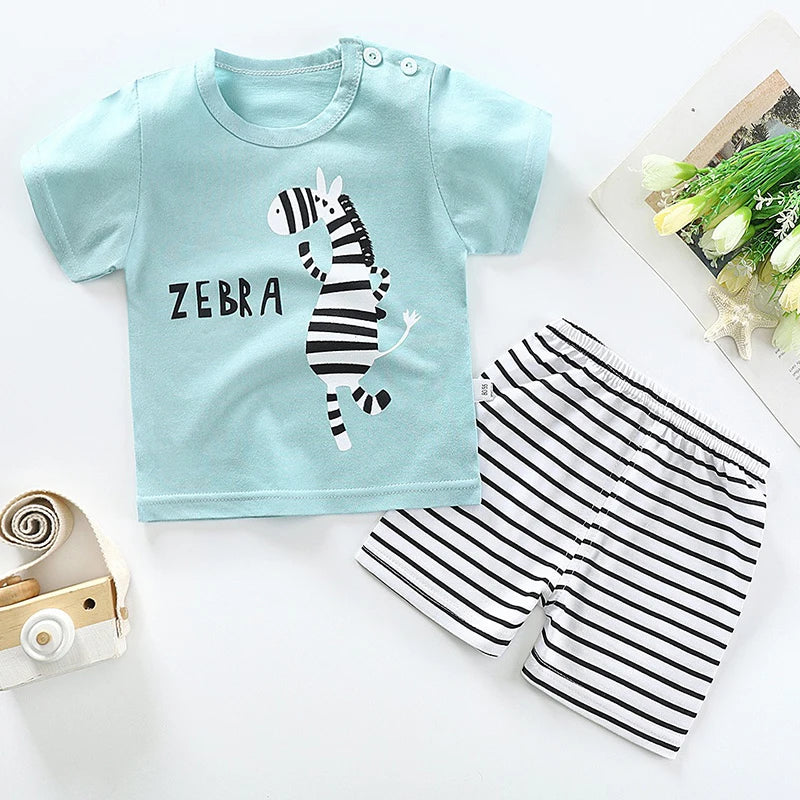 T-shirt+Shorts 2-Piece Clothing Set Pajamas Summer Kids Baby Boys Girls Cotton Casual Tracksuit Cartoon Dinosaur Clothes Suit - Korvel