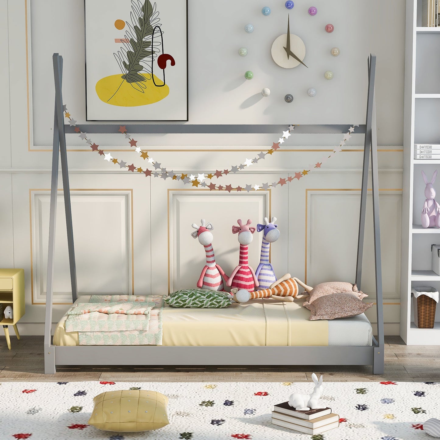 Twin Size House Platform Bed with Triangle Structure Gray - Korvel