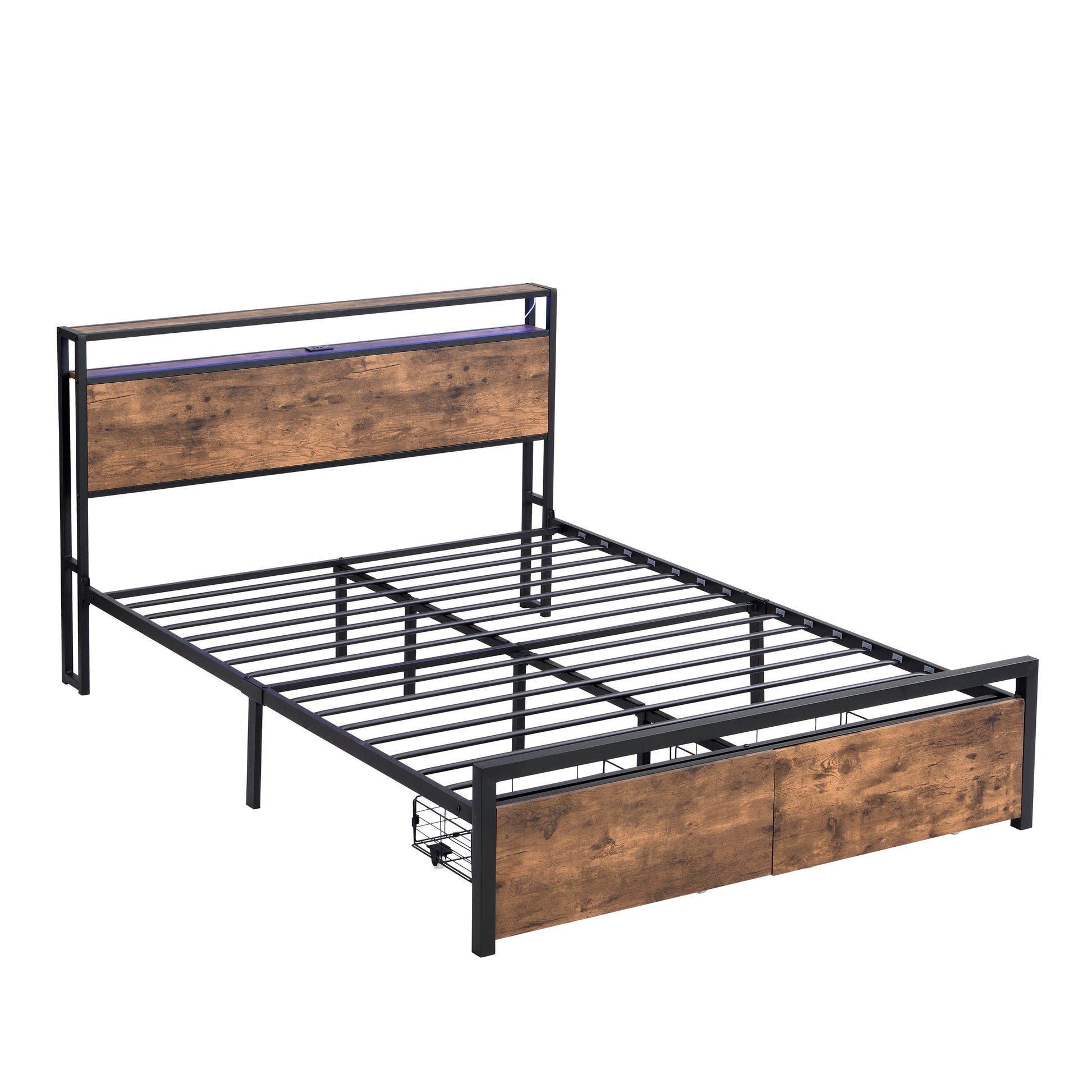 Full size bedstead with storage headboard and 2 drawers, LED light bed with charging station, metal Flat noodles support - Korvel