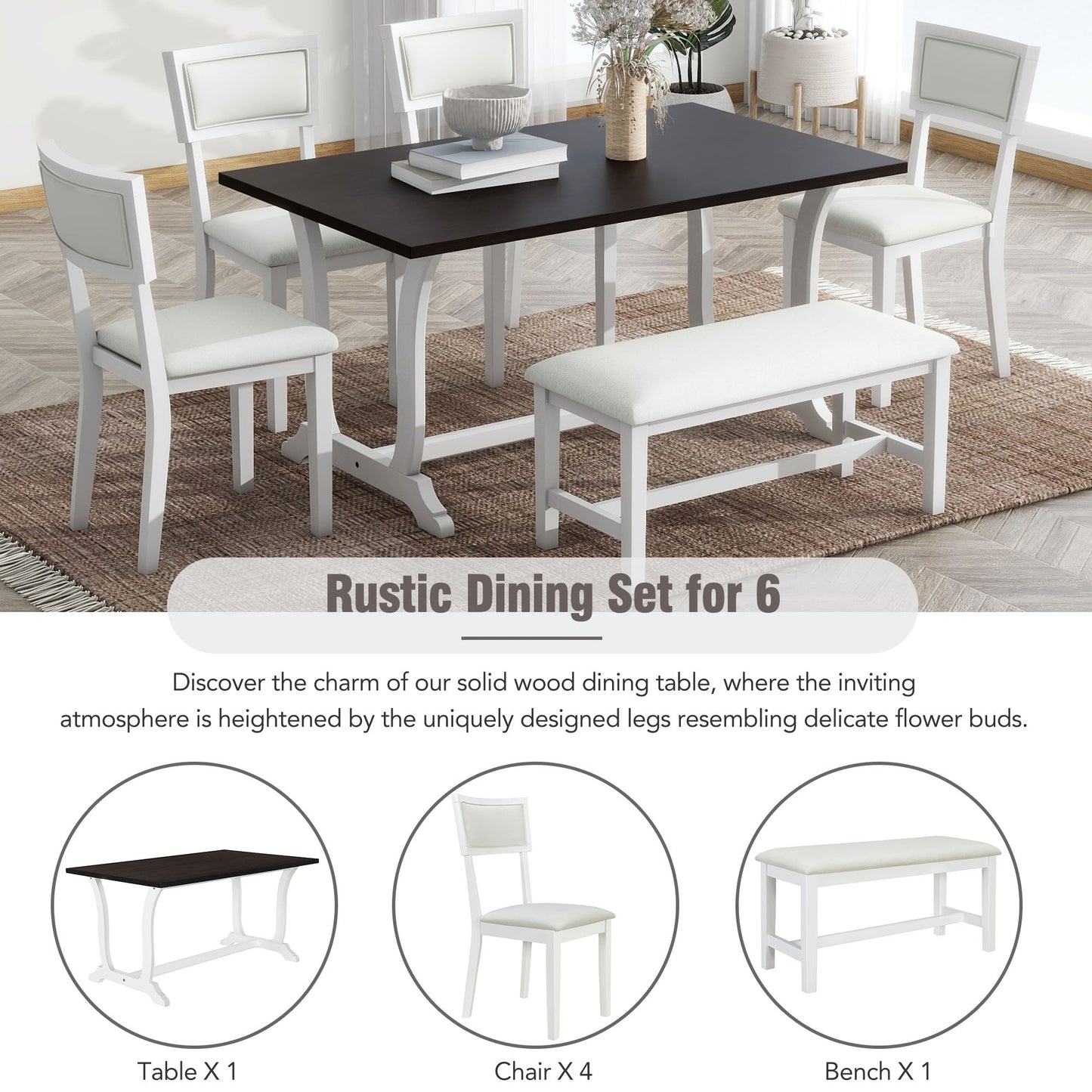 TOPMAX Farmhouse 6-Piece Trestle Dining Table Set with Upholstered Dining Chairs and Bench  59inch, White - Korvel