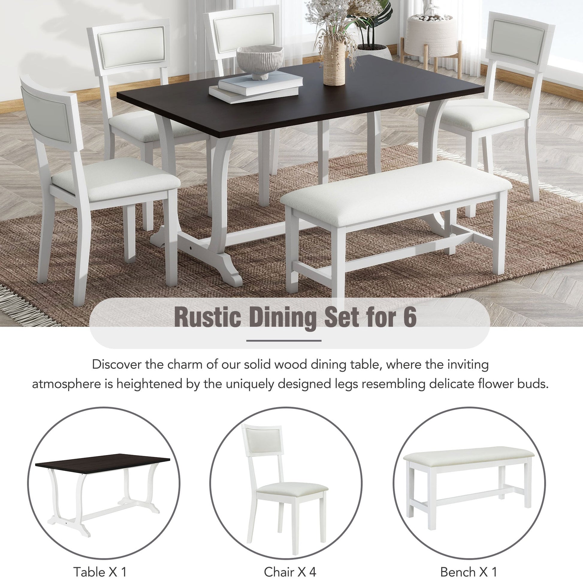 TOPMAX Farmhouse 6-Piece Trestle Dining Table Set with Upholstered Dining Chairs and Bench  59inch, White - Korvel