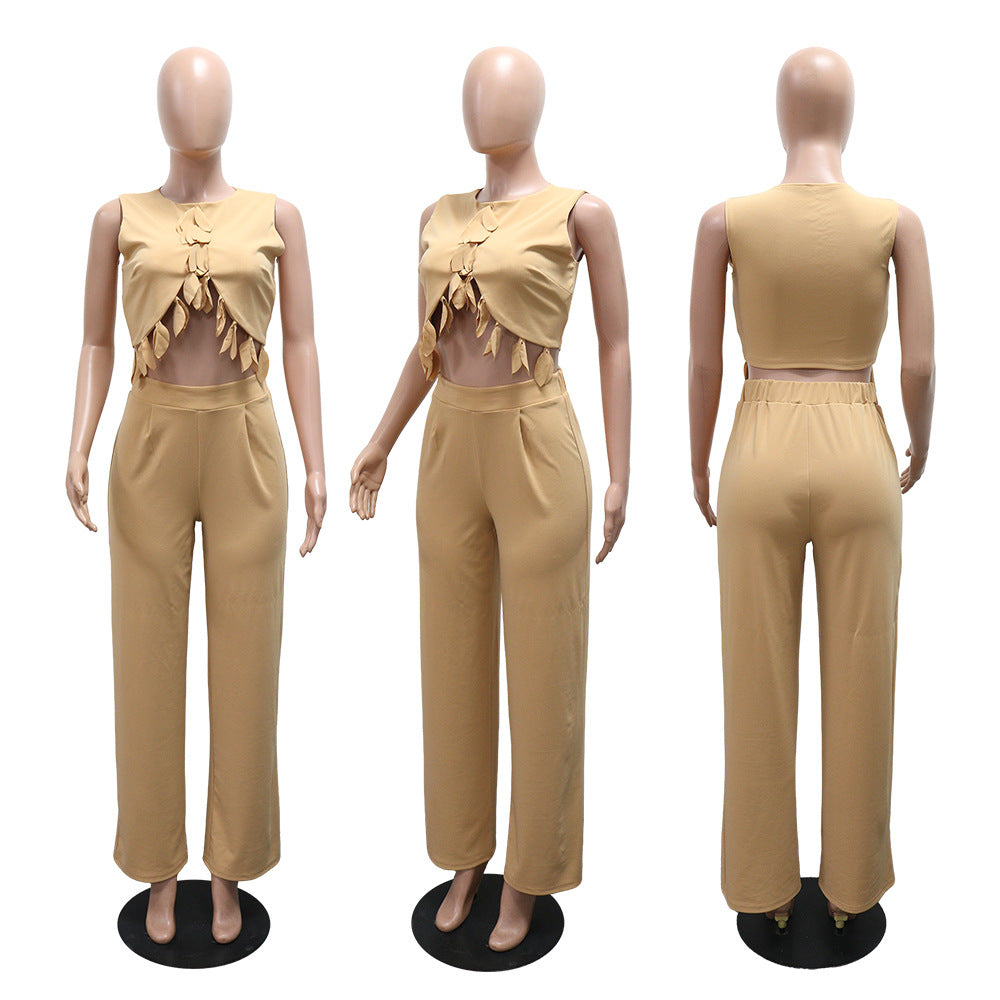 Round Neck Casual Sleeveless Sexy Top with Slim Long Pants Two-Piece Women's Set - Korvel