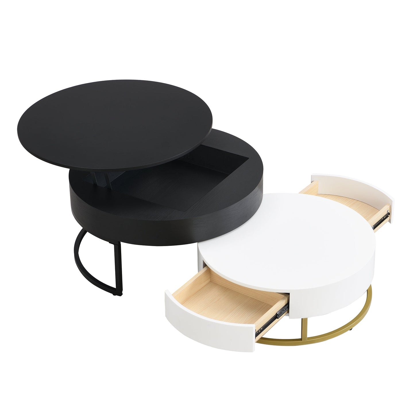 Tables basses empilables rondes modernes avec plateau relevable et tiroirs