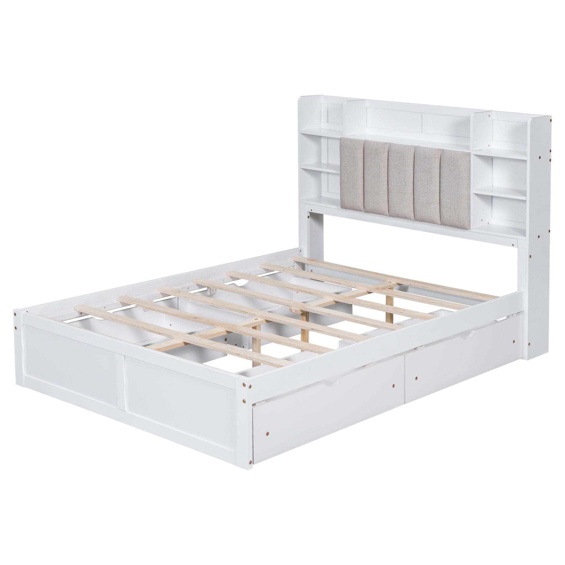 Multi-functional Full Size Bed Frame with 4 Under-bed Portable Storage Drawers and Multi-tier Bedside Storage Shelves White - Korvel