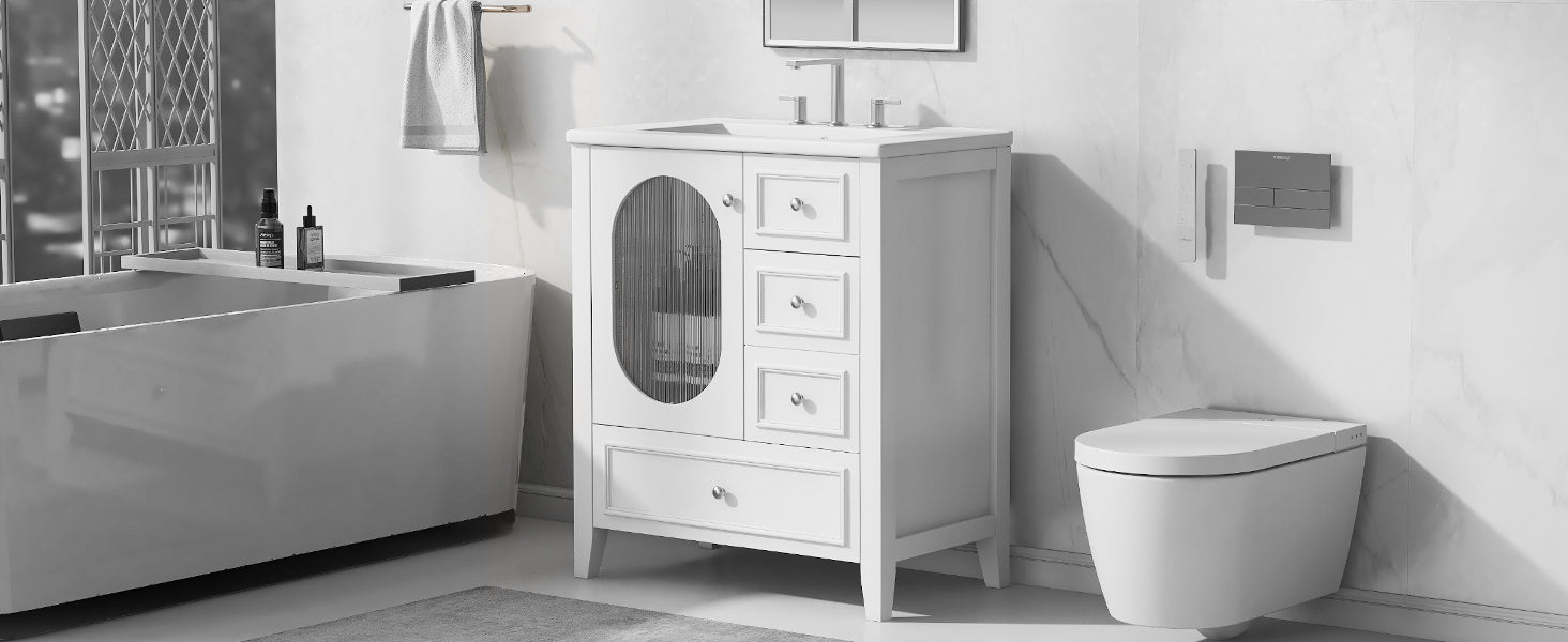 30" Bathroom Vanity with Sink, Bathroom Vanity Cabinet with Three Drawers and Door, Solid Wood and MDF, White - Korvel