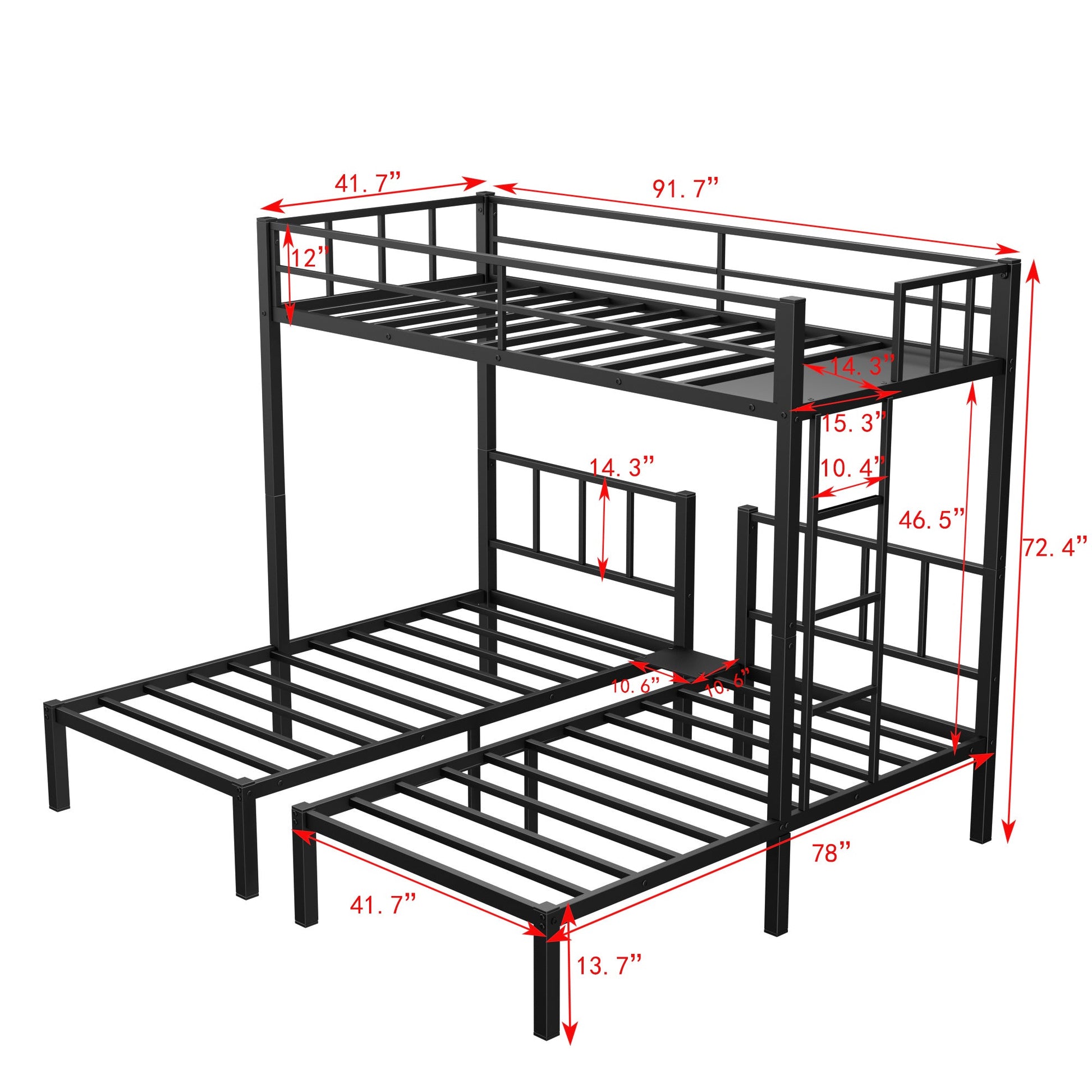 Twin over Twin & Twin Bunk Beds for 3, Twin XL over Twin & Twin Bunk Bed Metal Triple Bunk Bed, Black - Korvel