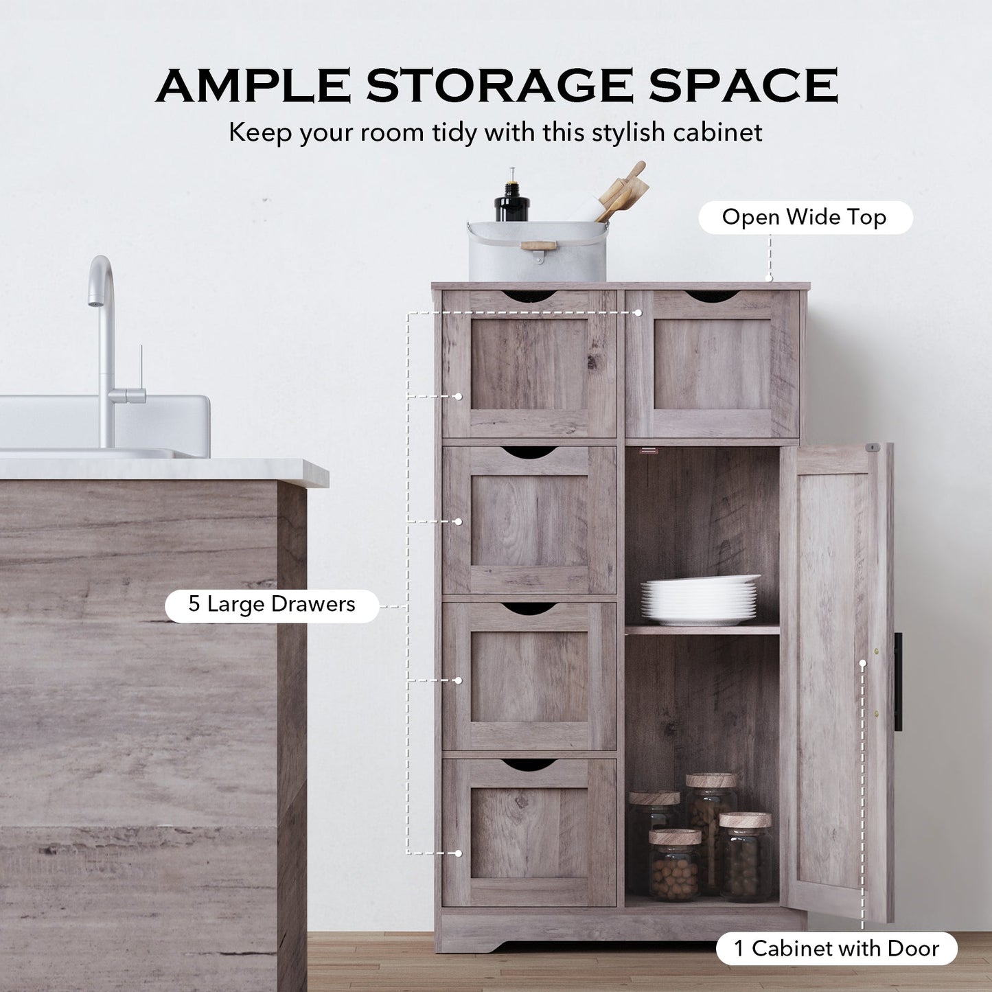 Armario de Almacenamiento de Baño Gris Elegante con 5 Cajones