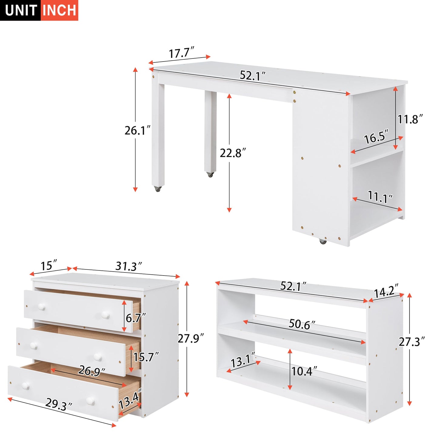 Low Study Full Loft Bed with Cabinet Shelves and Rolling Portable Desk Multiple Functions Bed- White - Korvel