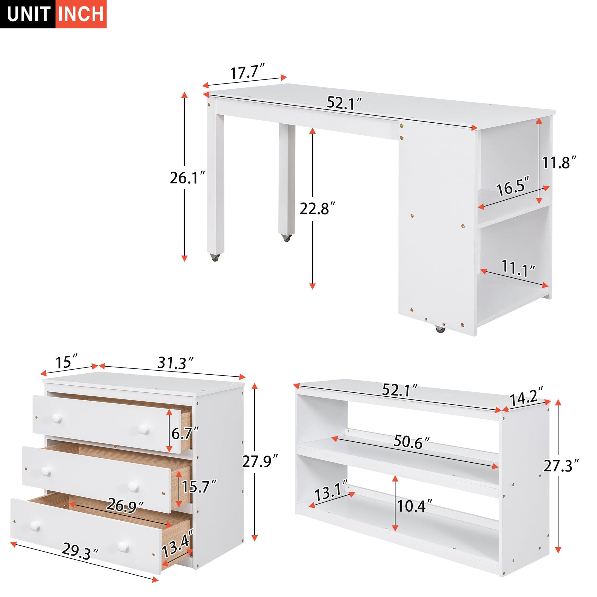 Low Study Full Loft Bed with Cabinet Shelves and Rolling Portable Desk Multiple Functions Bed- White - Korvel
