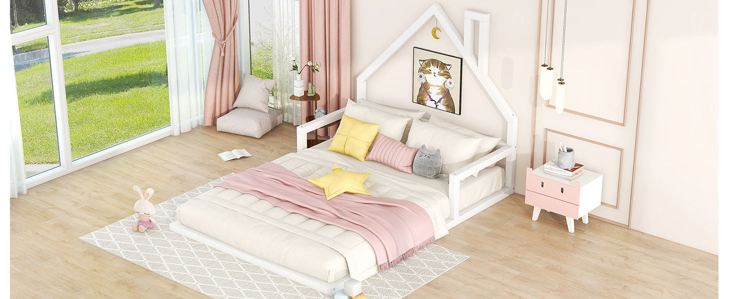 Full Size Wood Floor Bed with House-shaped Headboard  White - Korvel